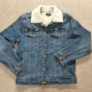 7 For All Mankind Men's SMALL Sherpa Blue Denim Button Front Trucker Jacket